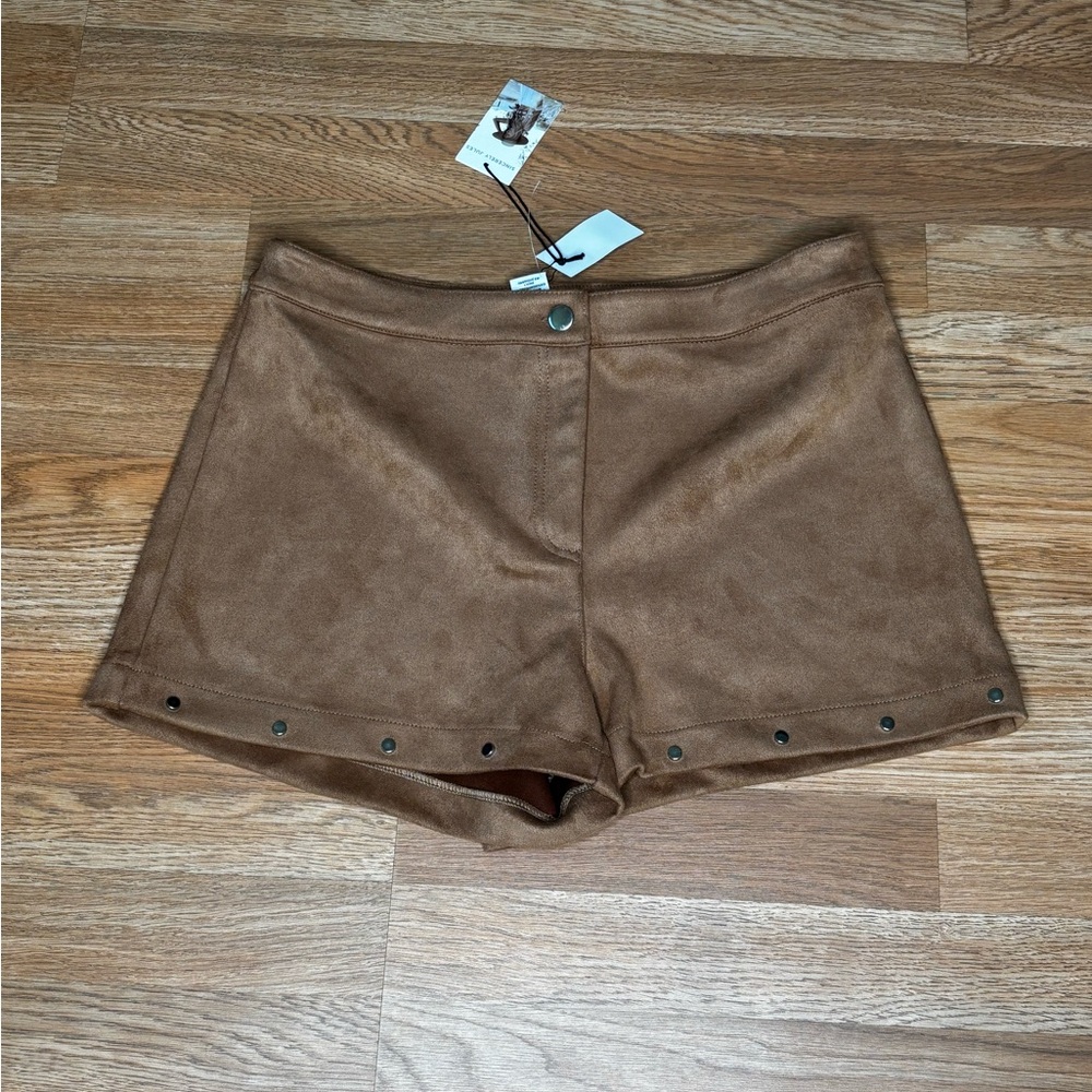 NWT Sincerely Jules High Waist Brown Suede Shorts Stud Detail Size Large
